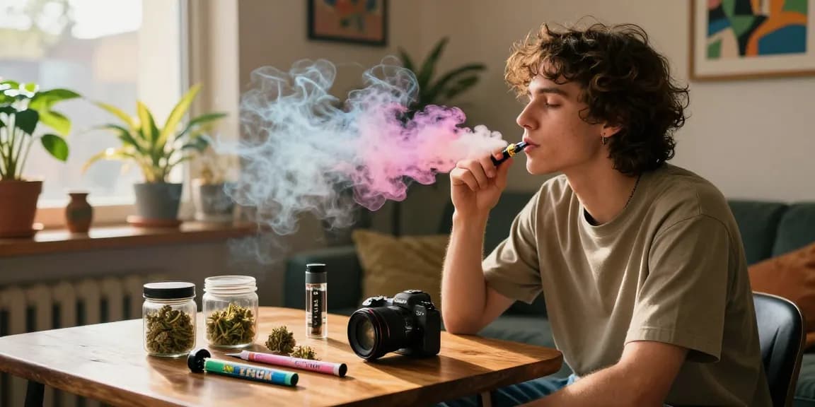 Enjoying a thc vape pen in an inviting urban setup with colorful vape clouds.