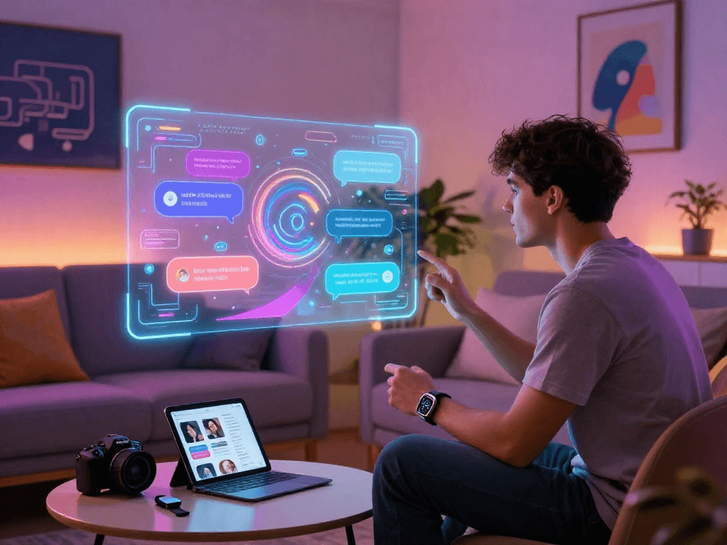 Interactive scene illustrating nsfw ai chat dynamics with user and holographic AI interface in a modern setting.