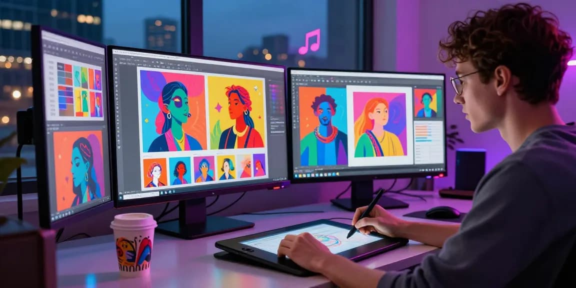 Artist creating 18+ ai artwork in a dynamic digital workspace with colorful displays and inspiring ambiance.
