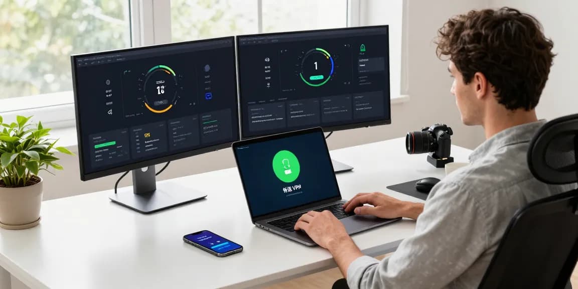 在現代科技工作空間中，輕鬆連接到快连VPN，配有雙顯示器和自然光。
