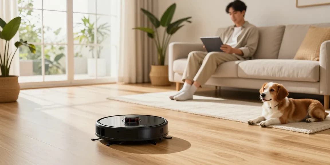 Robot vacuum 2026 effortlessly cleaning a contemporary living room while a user observes, showcasing modern home convenience.