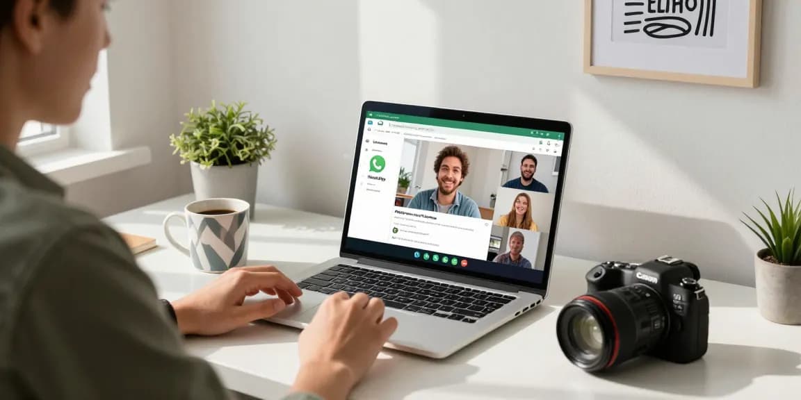 Engaging home office scene featuring WhatsApp電腦版 on laptop, user on video call.