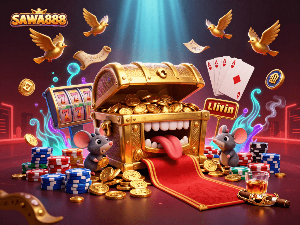 SAWA888 showcases vibrant slot gaming action with a treasure chest enticing adventurer mice amid colorful poker elements.