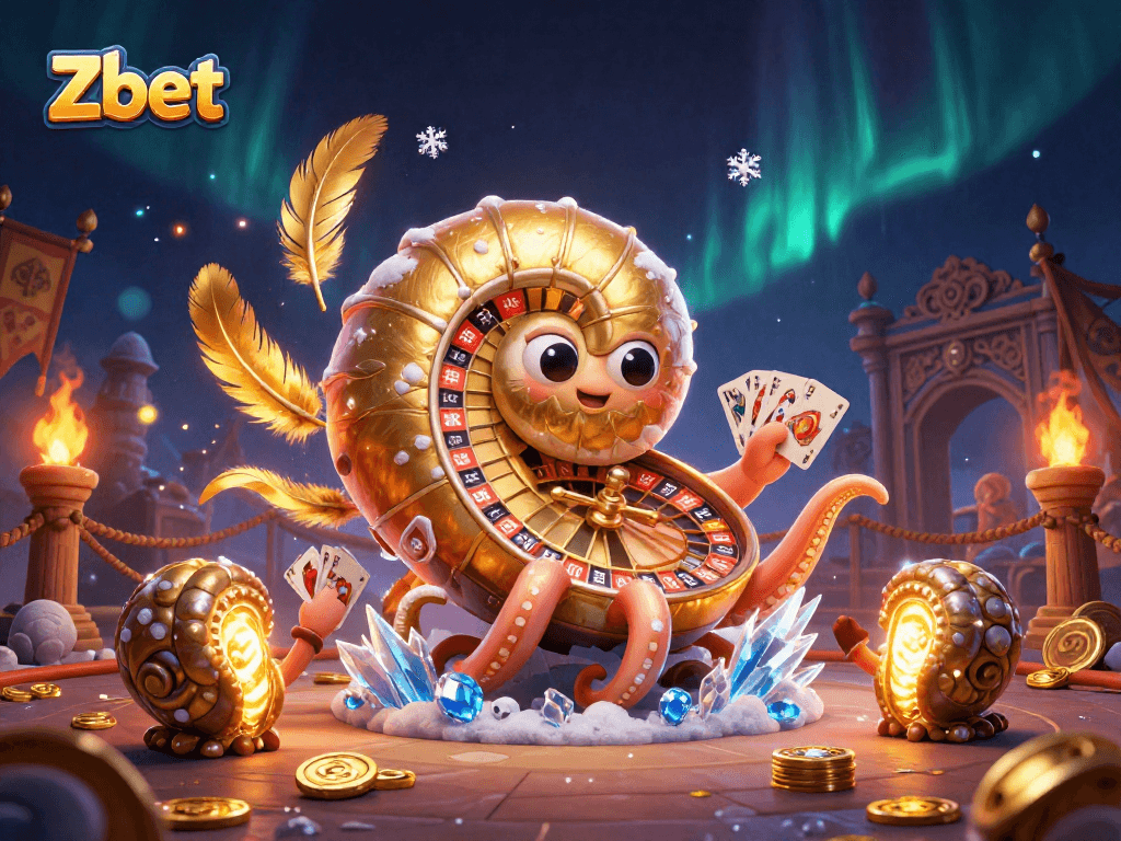 Zbet showcases a thrilling 3D scene featuring a giant nautilus roulette wheel amidst dynamic casino elements that elevate gambling excitement.