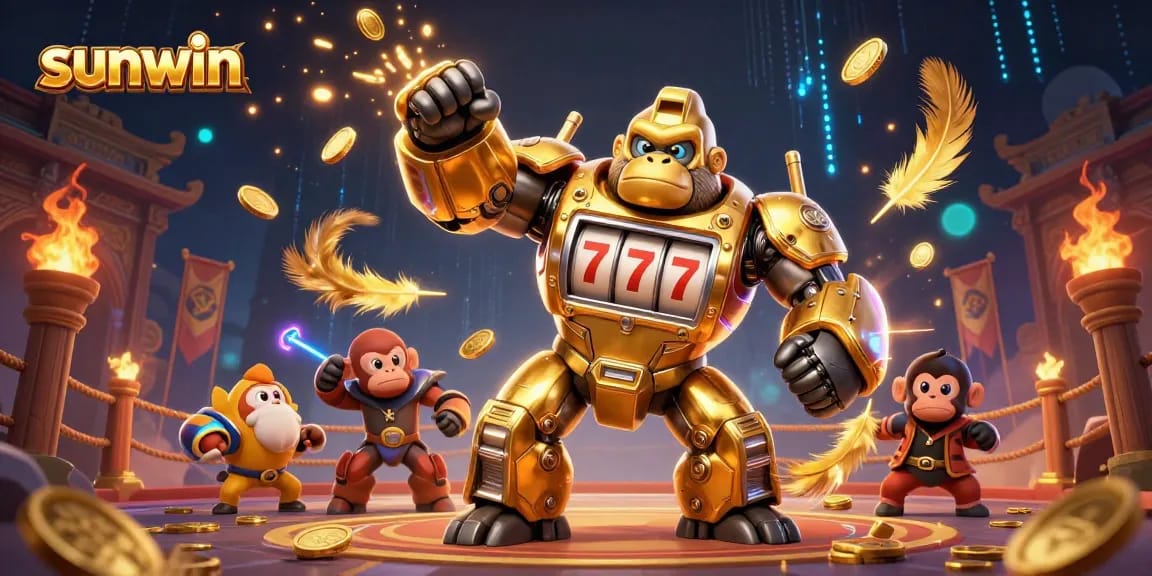 Experience thrilling gameplay at sunwin with an explosive golden gorilla mech featured in a vibrant casino battle scene.