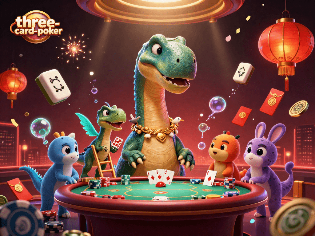 Play three-card-poker at an entertaining casino scene with unique 3D characters and vibrant elements.