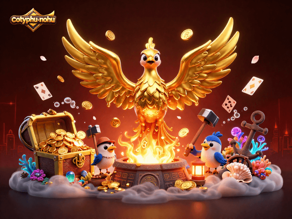 Cotyphu-nohu takes center stage with a golden phoenix emerging amid a sprawling treasure-filled casino.