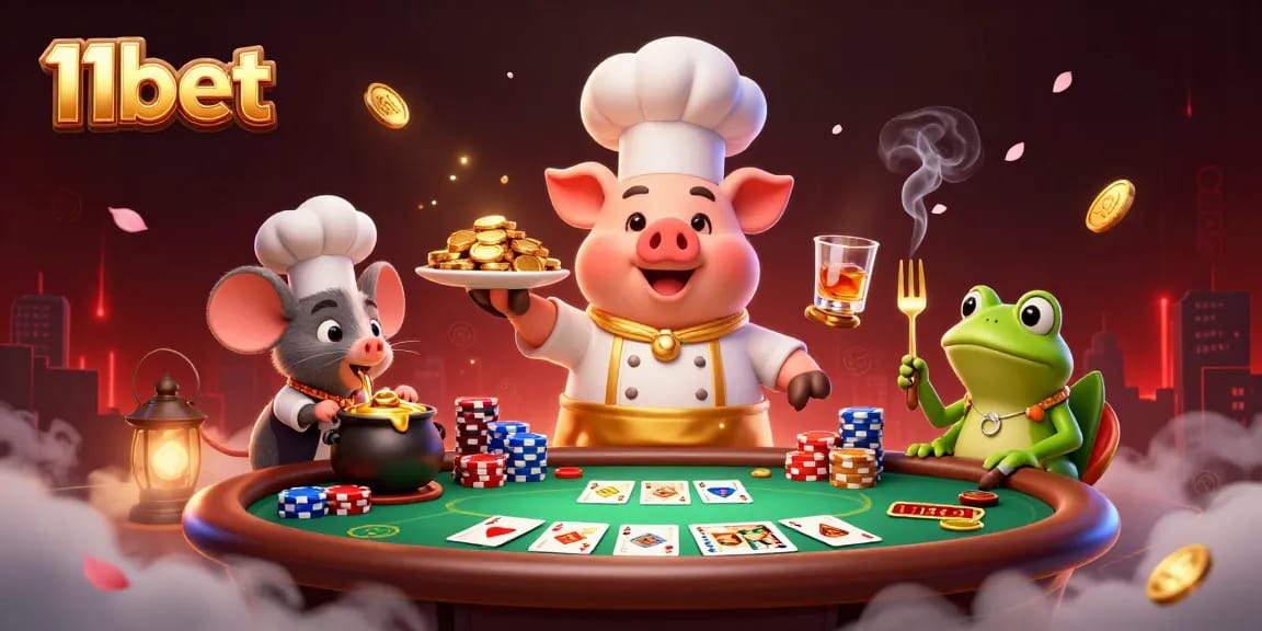 Experience the thrill of 11bet with fun characters and poker action in a vibrant casino scene.