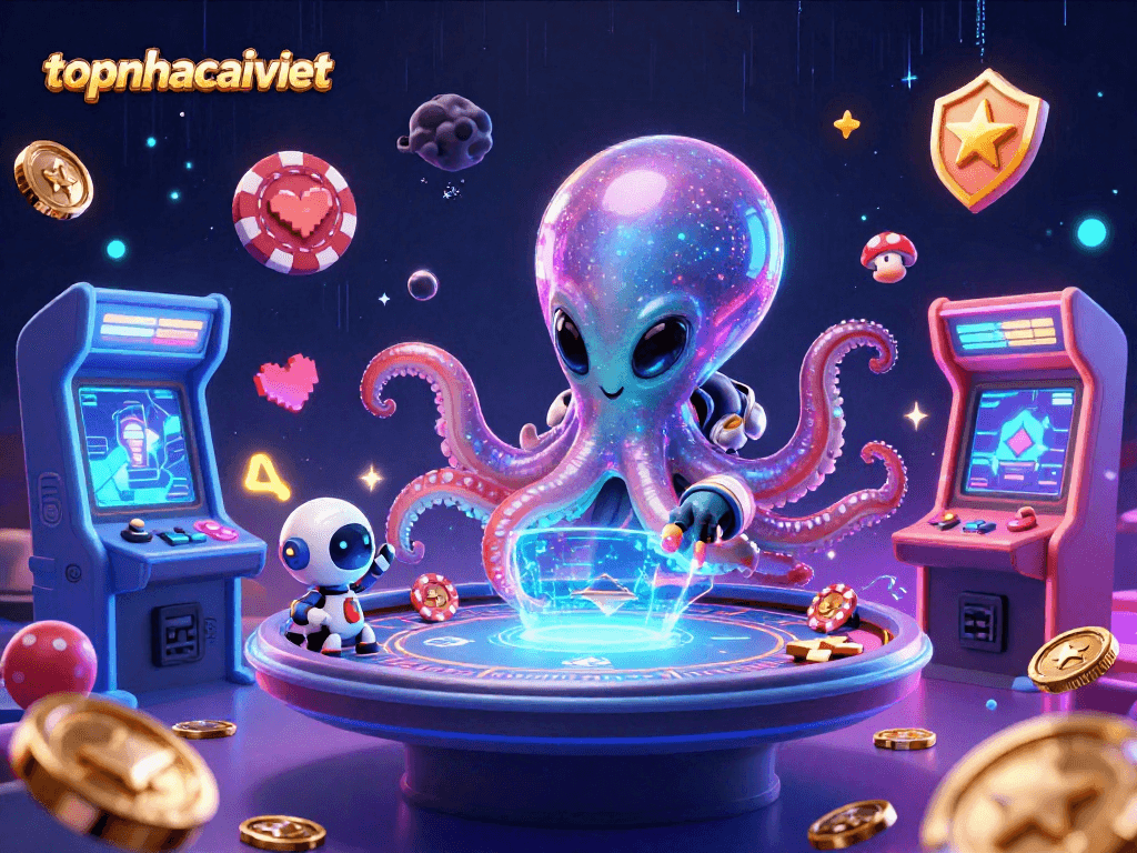 Engage in dynamic gaming at topnhacaiviet with a vibrant 3D alien octopus running a holographic poker table amid glowing elements.