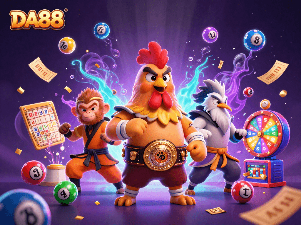 DA88 players celebrate winning big as the fierce rooster, monkey warrior, and crane master promote exciting gambling adventures.