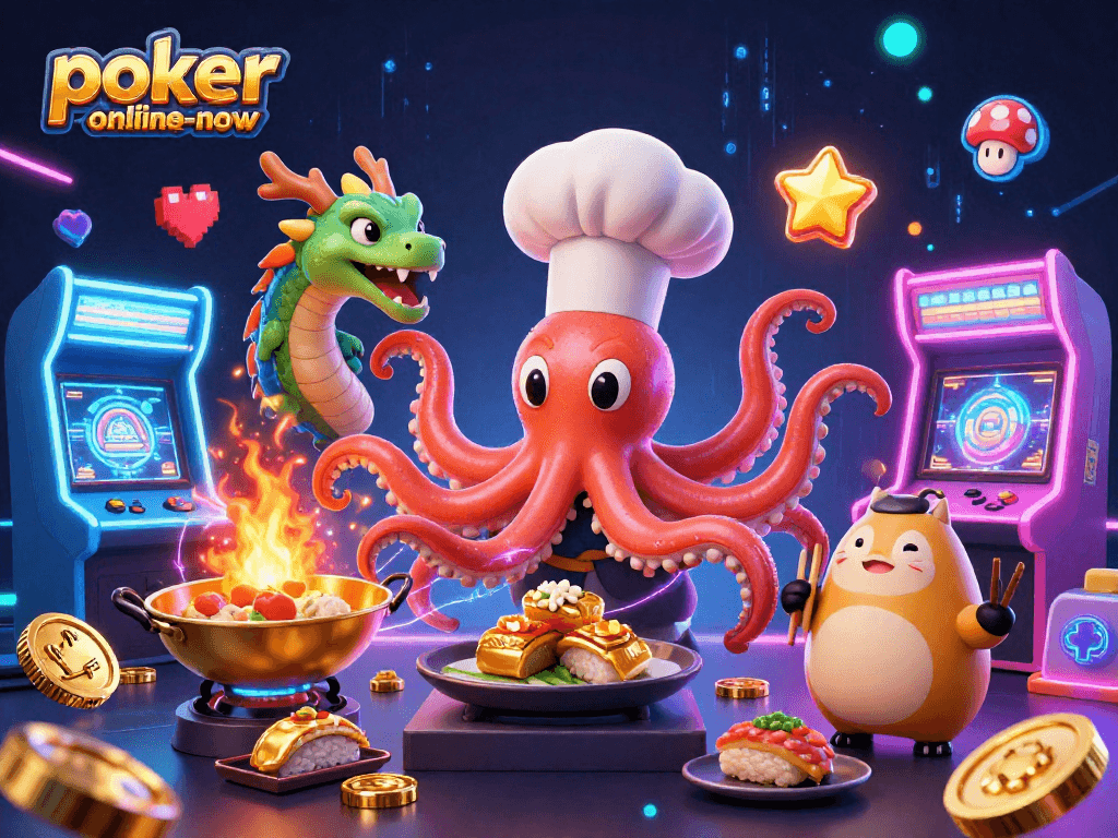 Immerse yourself in poker-online-now's vibrant 3D casino world with an exciting octopus chef, dragon, and tanuki.