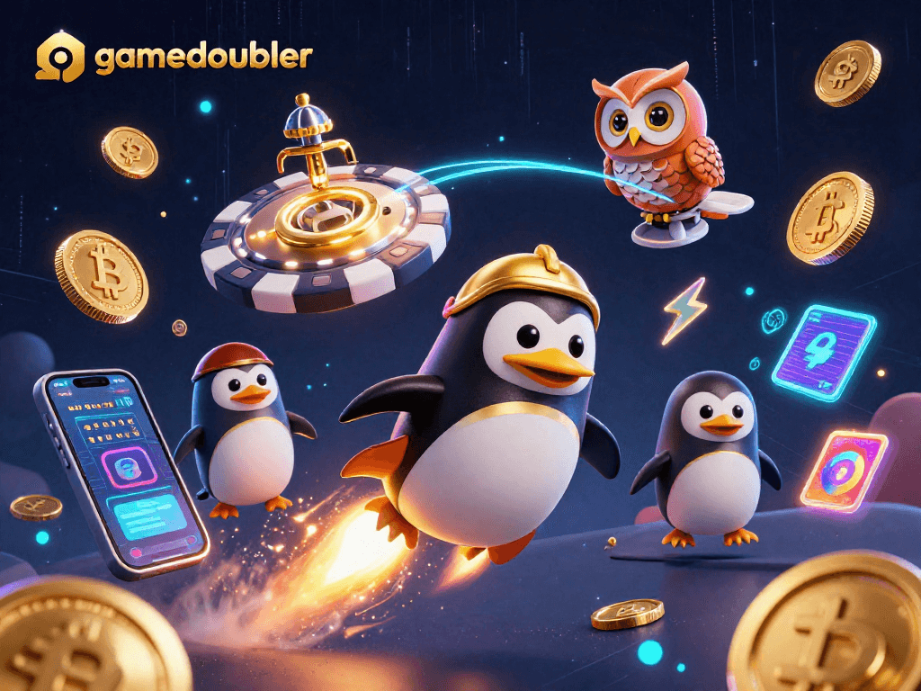 Experience thrilling gameplay at gamedoubler with the exciting penguin character blasting towards casino adventures.