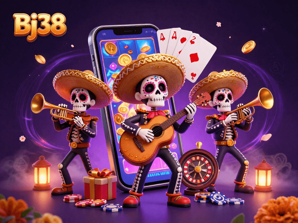 Immerse in the gaming excitement at Bj38 with a vibrant 3D illustration featuring mariachi band and slot games.