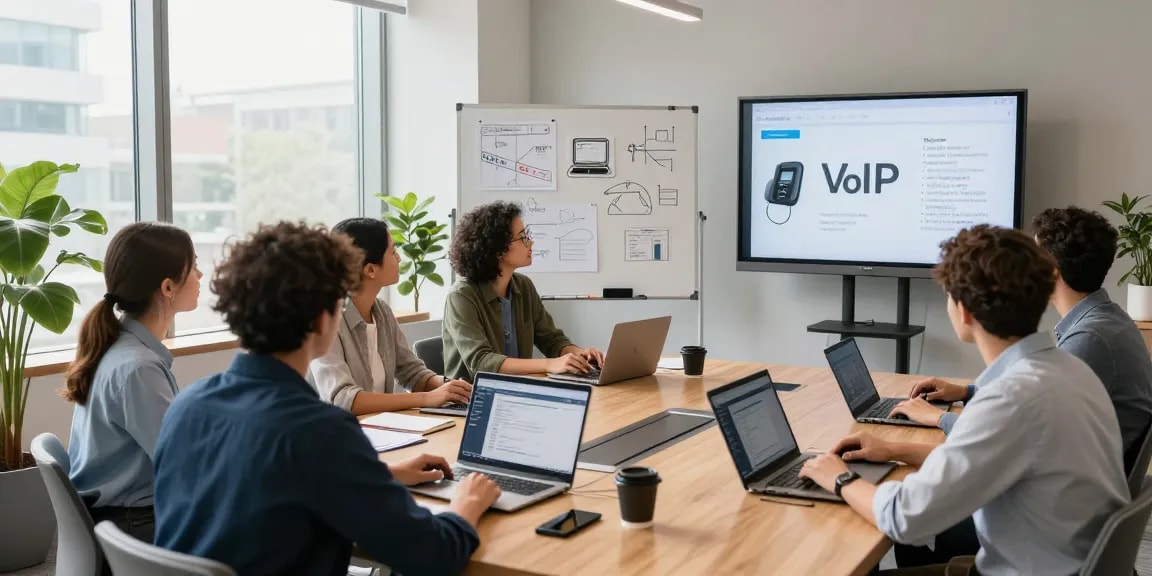 Collaborative team discussing innovative telephone systems in a modern office setting.