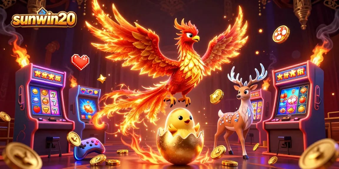 Experience the thrill of gameplay with sunwin20, featuring a dynamic scene of a fiery phoenix and slot gaming elements.