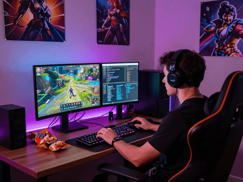 Engaged gamer playing a porn game on dual monitors, showcasing a cozy bedroom gaming setup.