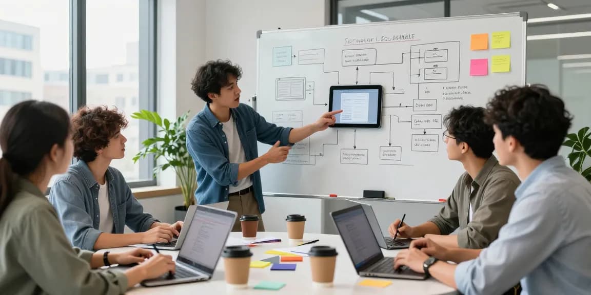 Team collaborating to build internal tools with AI in a modern office space.