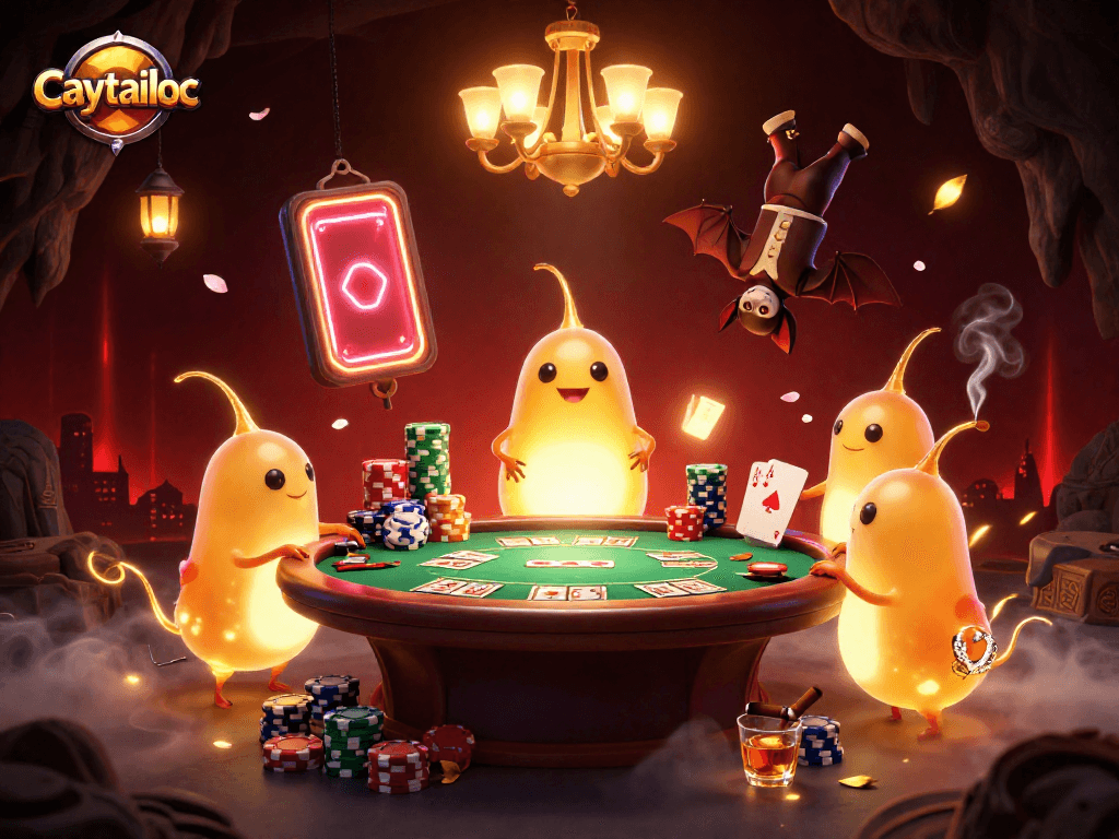 Experience the thrill of caytailoc as glowworms illuminate a lively cave casino scene with poker and slots.