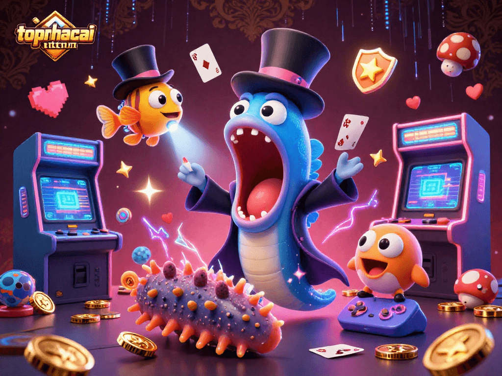 topnhacaiuytinn showcases a magical scene of deep-sea creatures gambling while performing tricks.