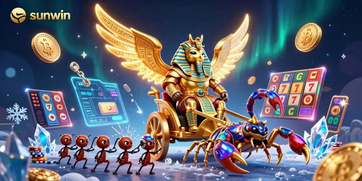 Engage with sunwin's vibrant 3D casino scene featuring a golden scarab beetle and crypto elements in action.