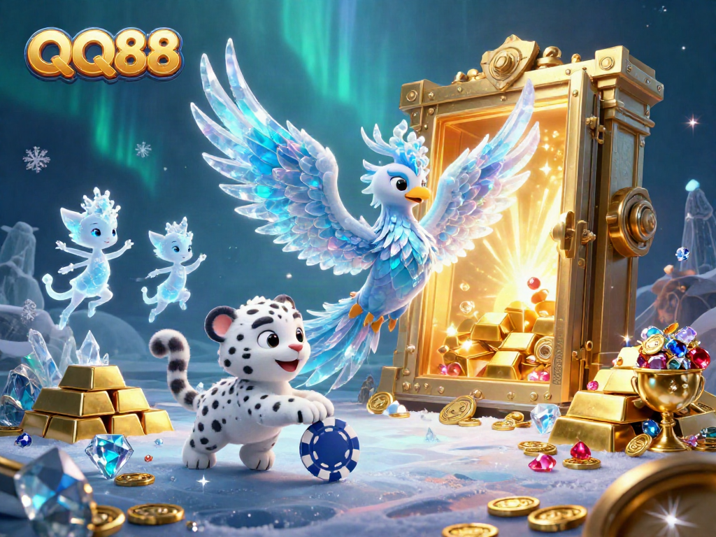 Engage with QQ88's vibrant casino experience illustrated through a phoenix, snow leopard, and dancing sprites.