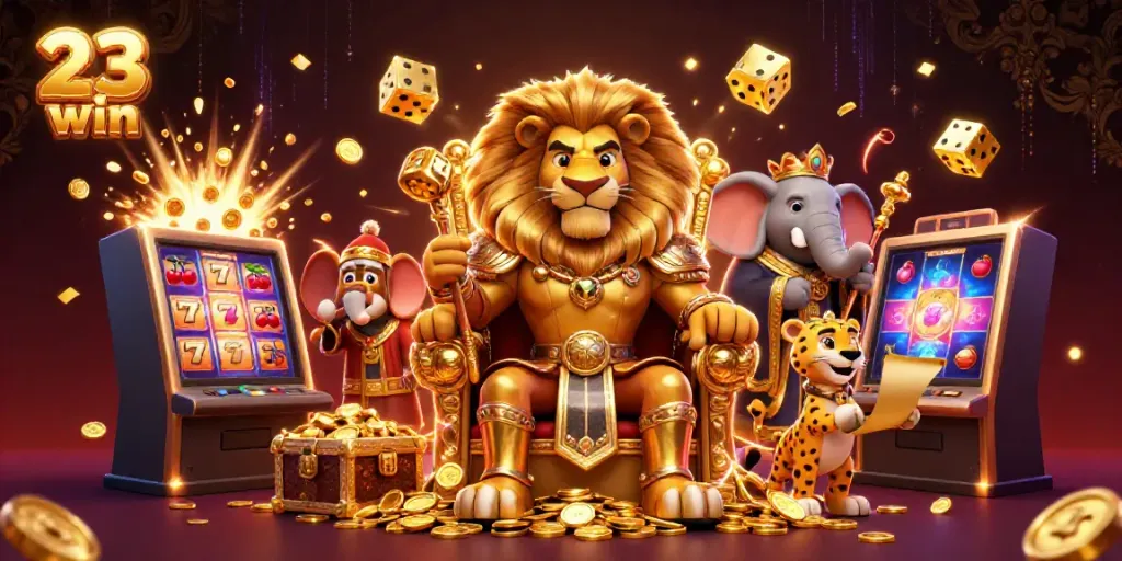 Experience the excitement of 23 win with this vibrant 3D casino scene showcasing a lion king, elephant advisor, and cheetah messenger.
