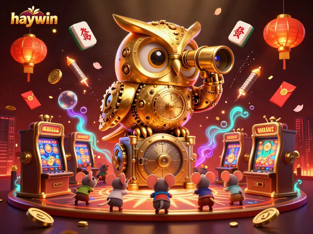 Experience excitement at haywin with a lively casino scene featuring a golden owl and wind-up mouse!