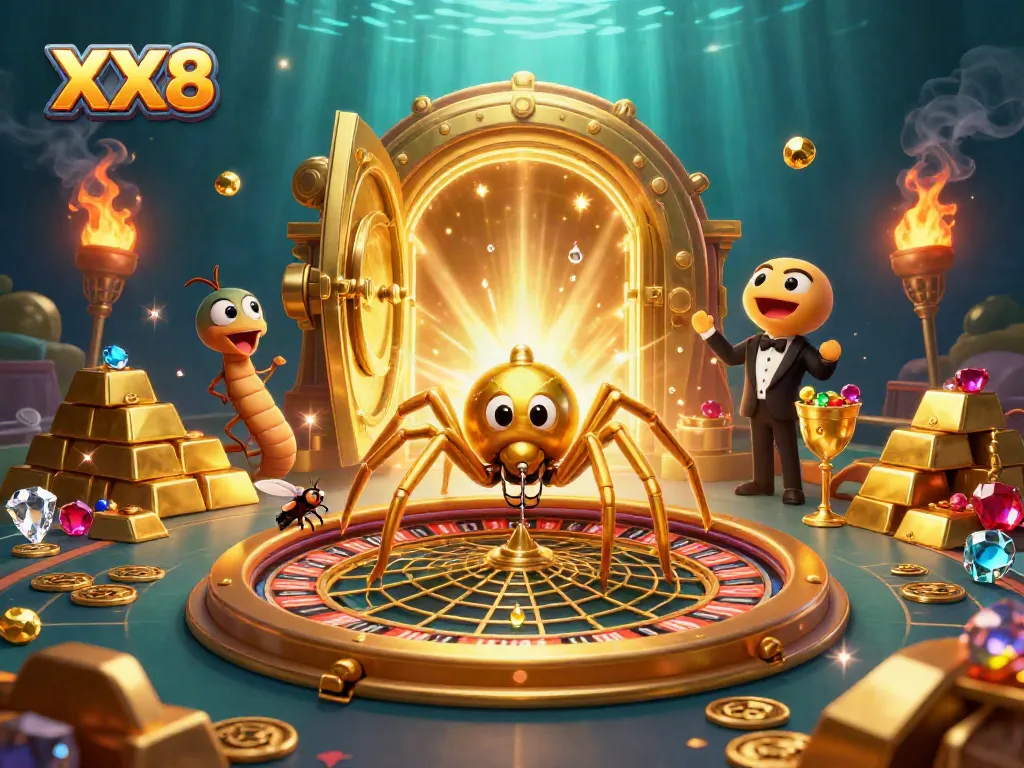 Experience the excitement of XX8 with a golden roulette wheel and thrilling characters in a colorful digital casino scene.