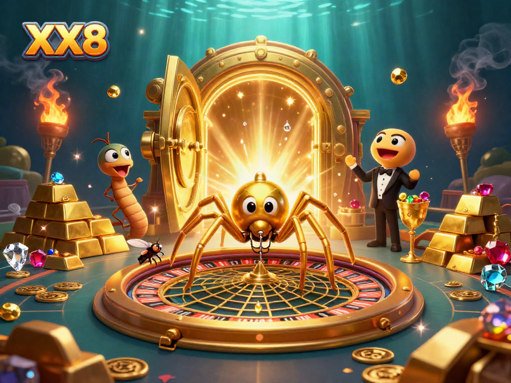 Experience the excitement of XX8 with a golden roulette wheel and thrilling characters in a colorful digital casino scene.