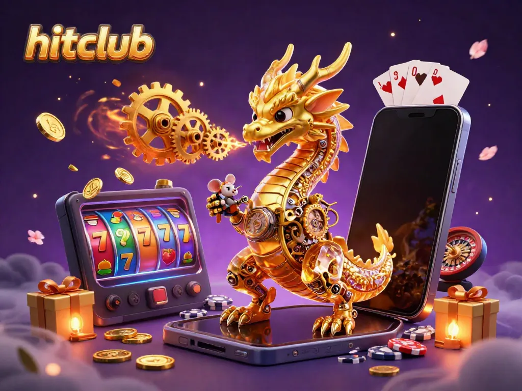 Engage with hitclub's thrilling atmosphere featuring a dragon, vibrant slot game, and mystical elements.
