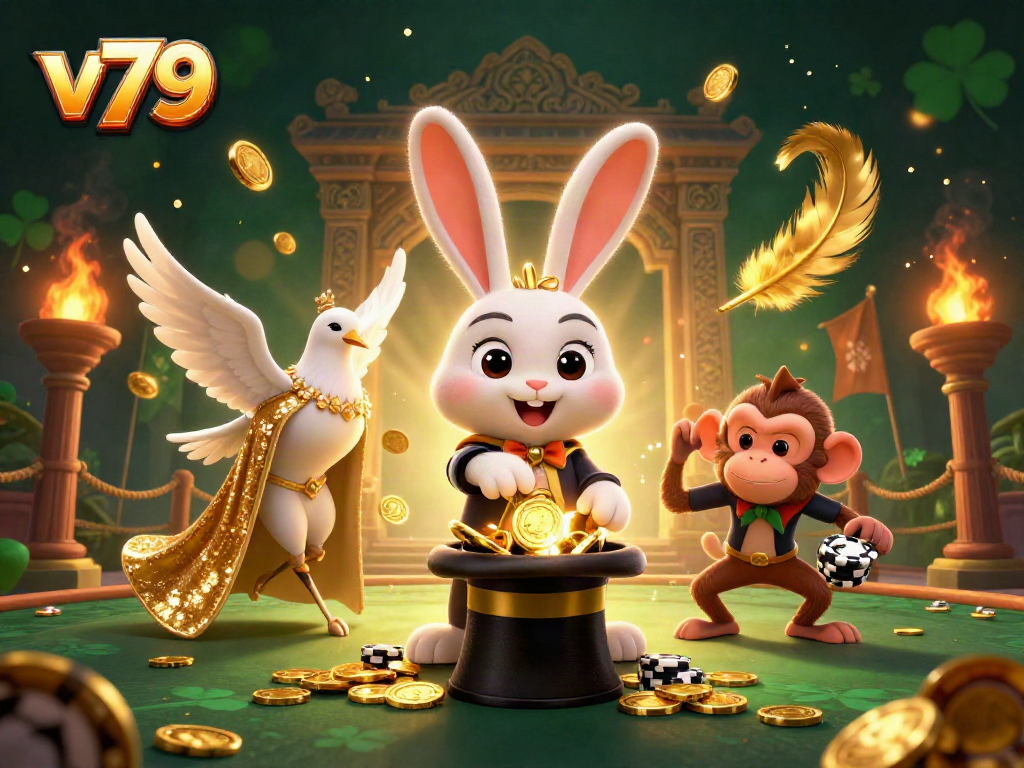Experience excitement with v79 as a magician pulls golden coins amid a dazzling casino scene.