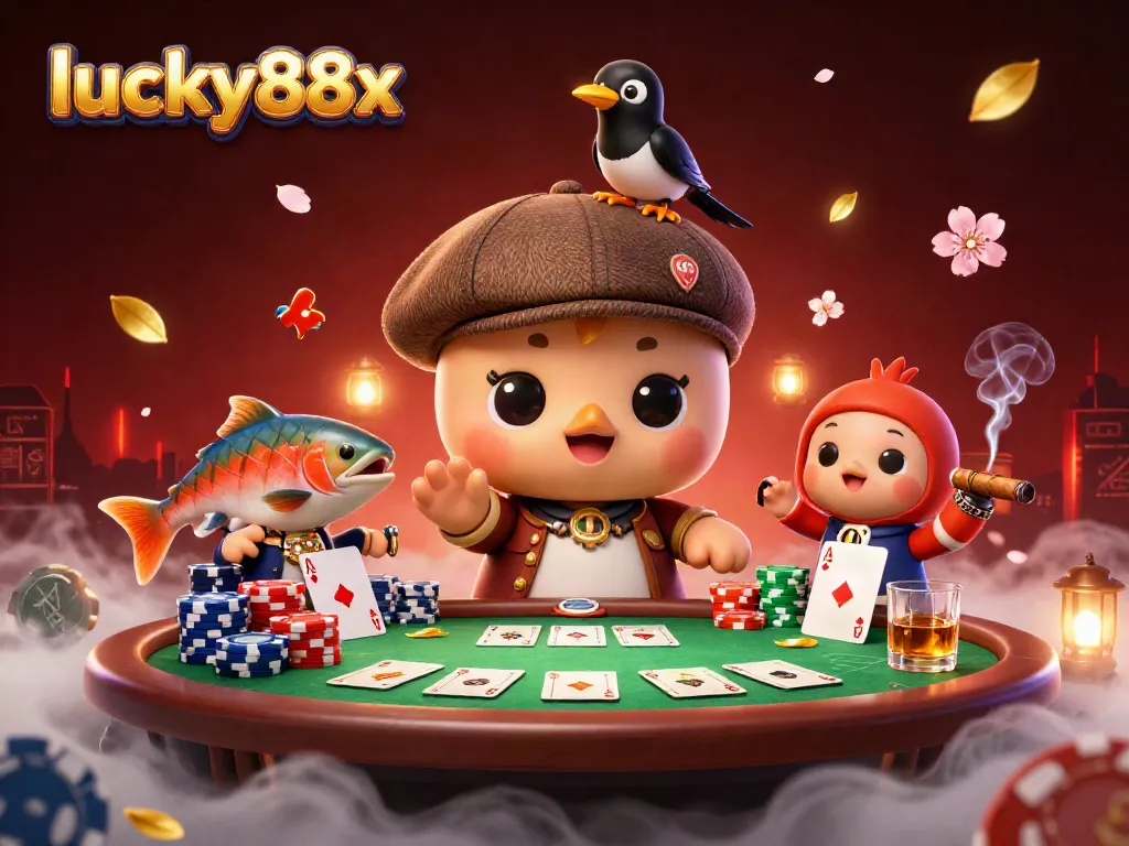 Engage in thrilling gameplay with lucky88x as adorable characters amidst poker elements.