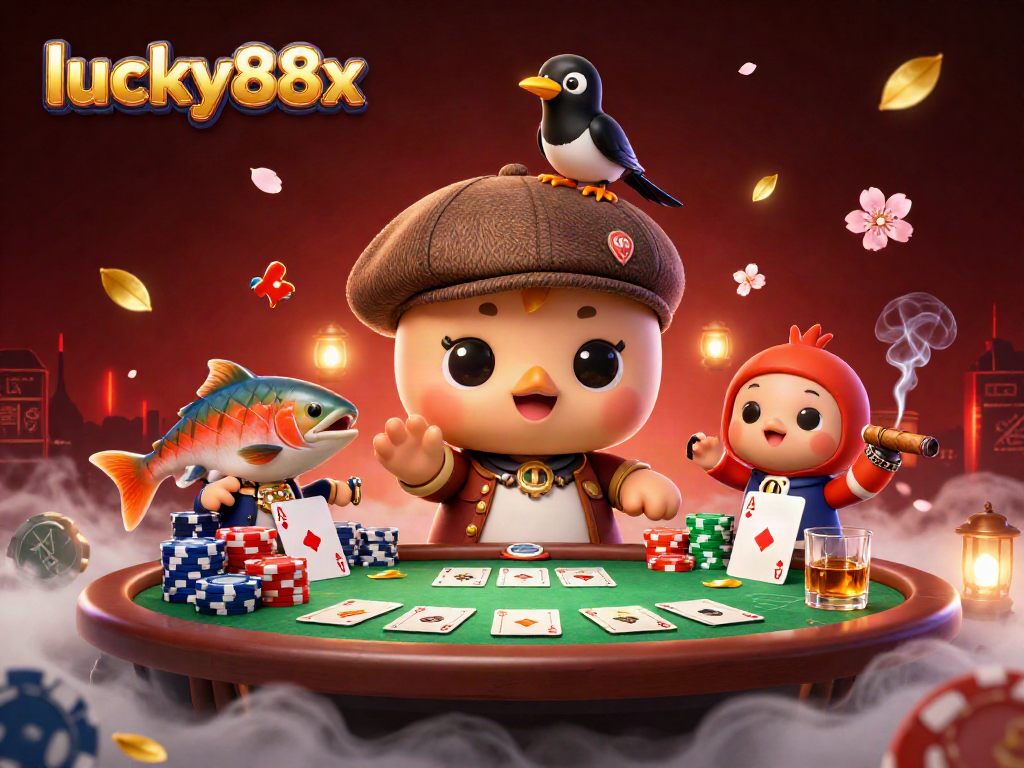 Engage in thrilling gameplay with lucky88x as adorable characters amidst poker elements.