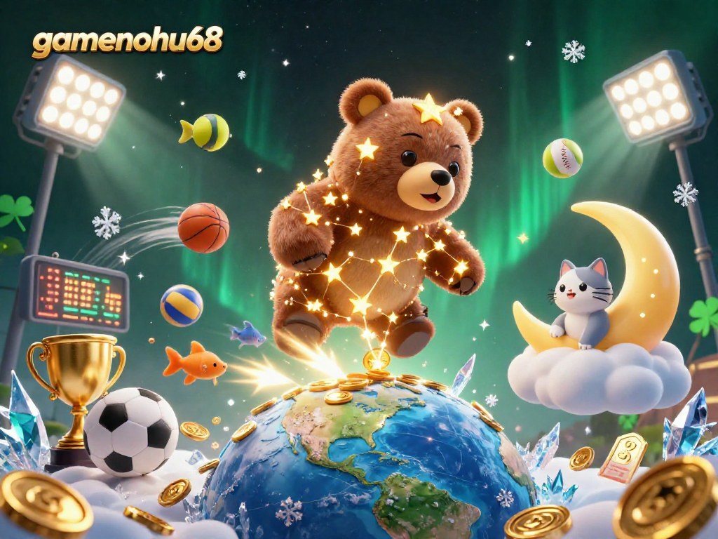 Experience the thrill of gamenohu68 with shooting stars and sports elements in this vibrant casino illustration.
