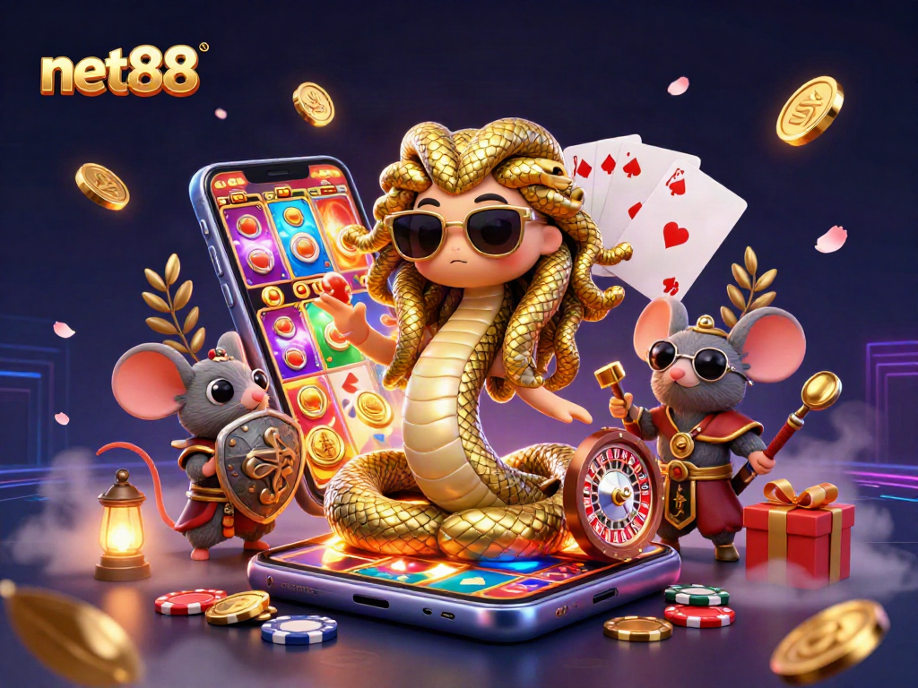 Experience thrilling gameplay at net88 with a vibrant 3D casino illustration showcasing exciting gaming elements.
