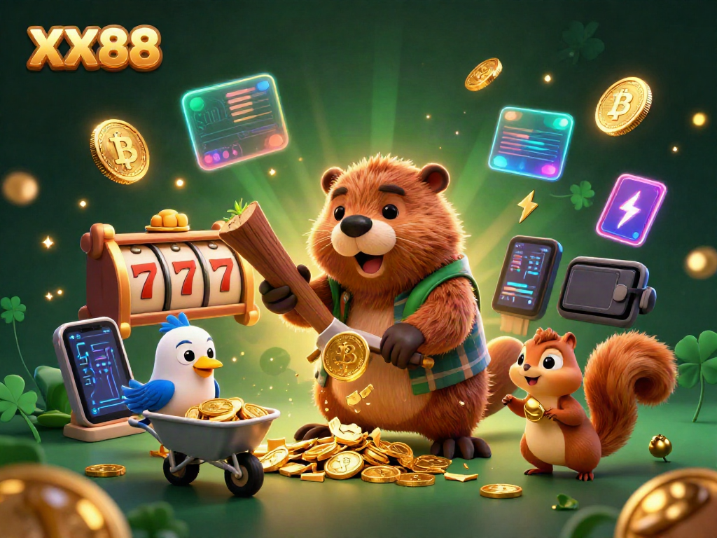 Chop trees for golden coins in XX88's vibrant casino world, featuring fun 3D cartoon characters.