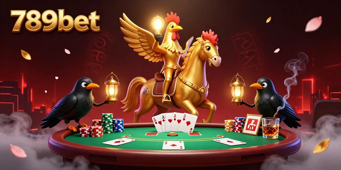 Experience vibrant gaming action with 789bet as a golden rooster and spectral horse navigate a bustling casino.