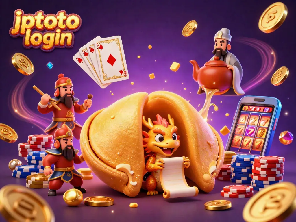 Experience the thrill of gaming with 'jptoto login' featured in a vibrant casino illustration showcasing action-packed elements.