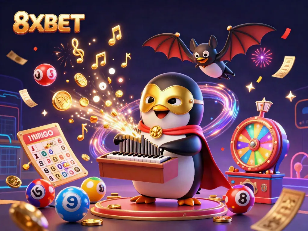 Experience the excitement of 8XBET with a lively 3D illustration of games and winning elements.