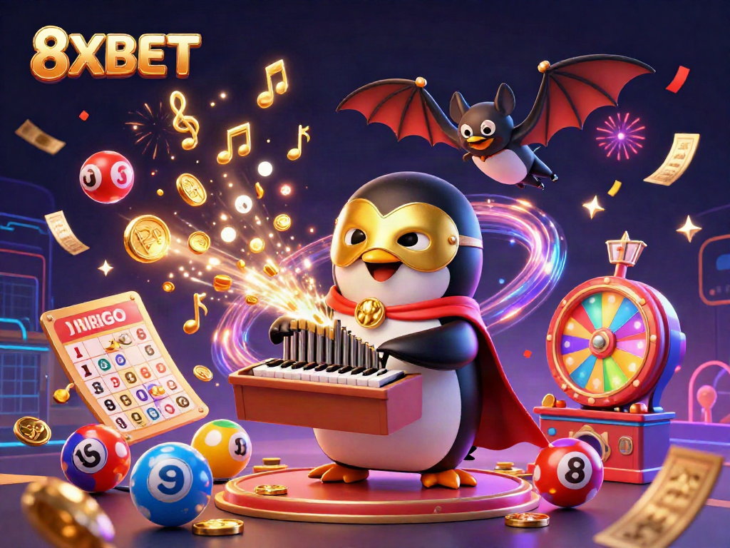 Experience the excitement of 8XBET with a lively 3D illustration of games and winning elements.