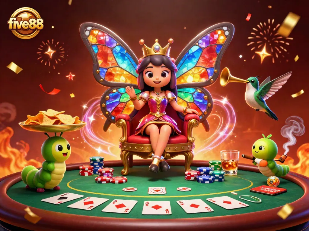 Experience thrilling gaming with five88 in a vibrant casino illustration featuring poker action.