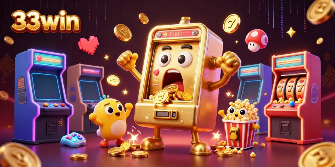 33win slot machine hitting a jackpot with golden coins pouring out, vibrant gaming atmosphere.