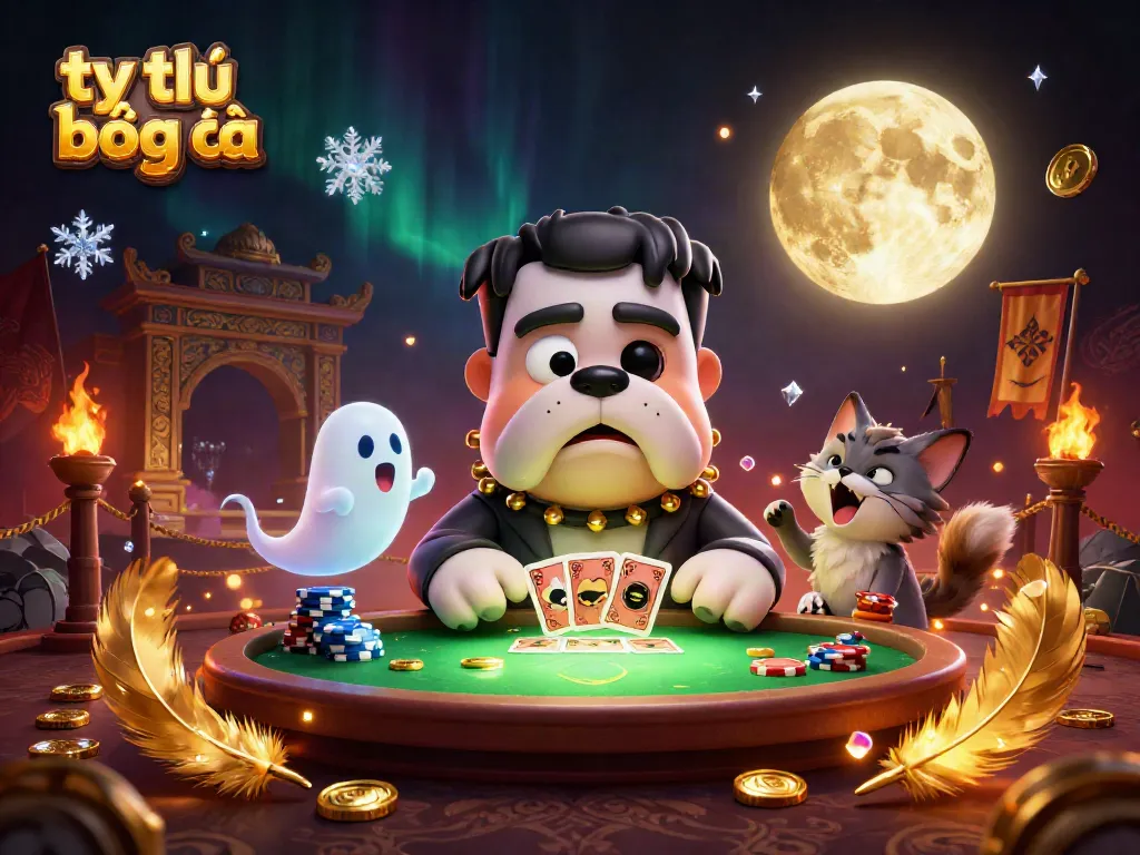 Bet on tỷ lệ bóng đá with a whimsical 3D scene featuring characters at a green-lit casino table.