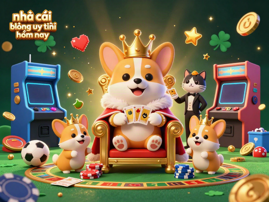 Place bets confidently at nhà cái bóng đá uy tín hôm nay, featuring a royal corgi on a poker chip throne with vibrant sports elements.