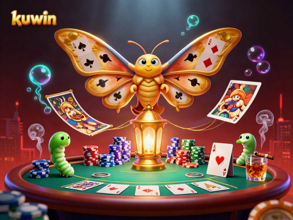 Kuwin casino scene with a cartoon atlas moth, poker table, and vibrant casino elements.