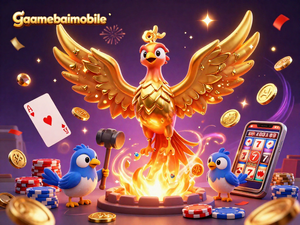 Experience gamebaimobile's thrilling gameplay with a golden phoenix and vibrant casino elements.