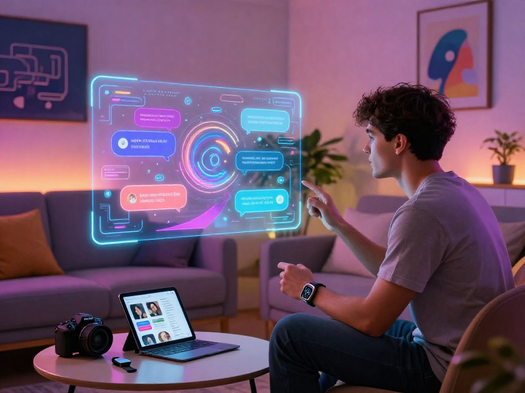 Interactive scene illustrating nsfw ai chat dynamics with user and holographic AI interface in a modern setting.