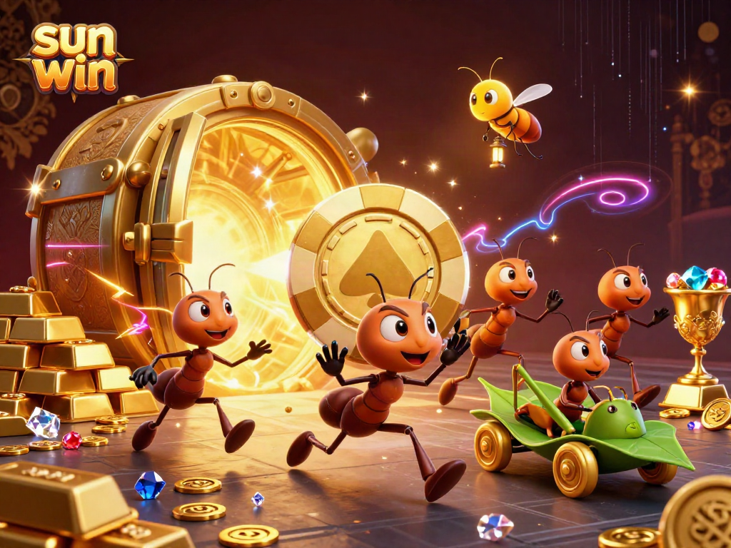 Experience the thrill of sun win as ants carry a giant poker chip in a dynamic heist scene.