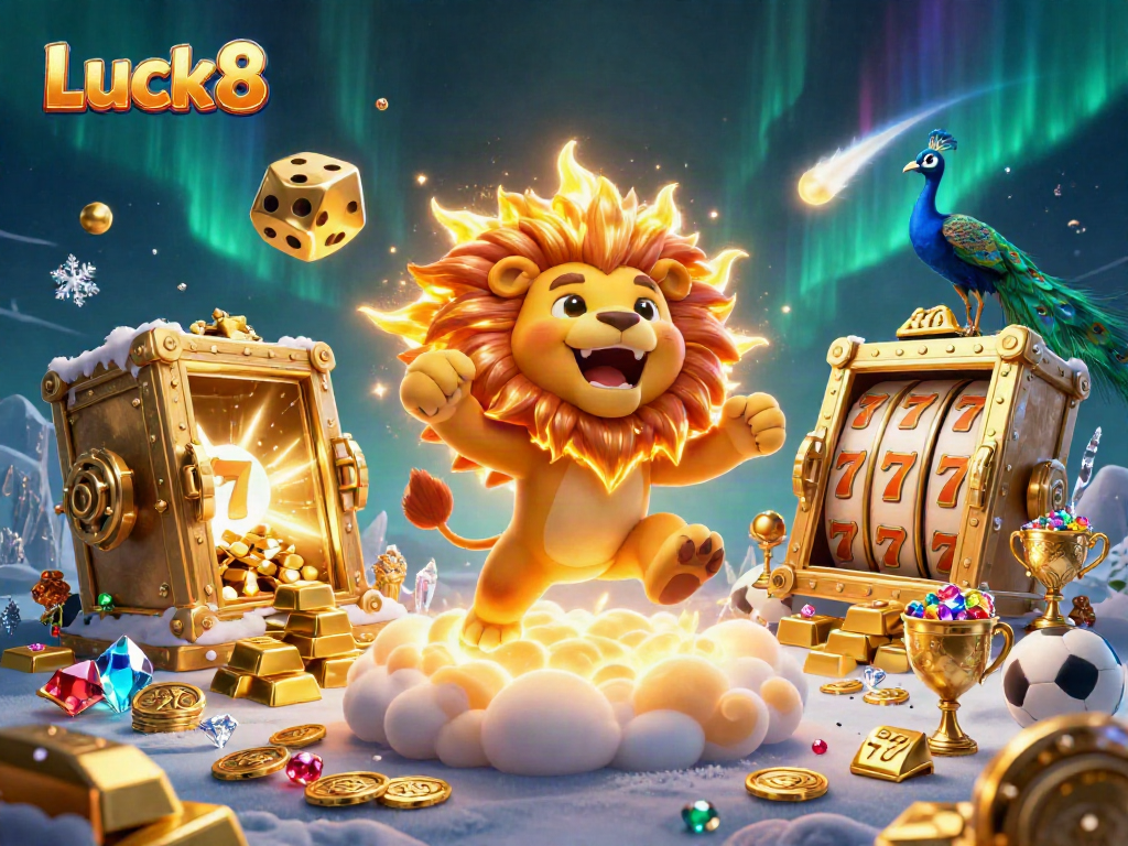 Experience the excitement of Luck8 with a cartoon lion and golden dice in a vibrant casino scene.