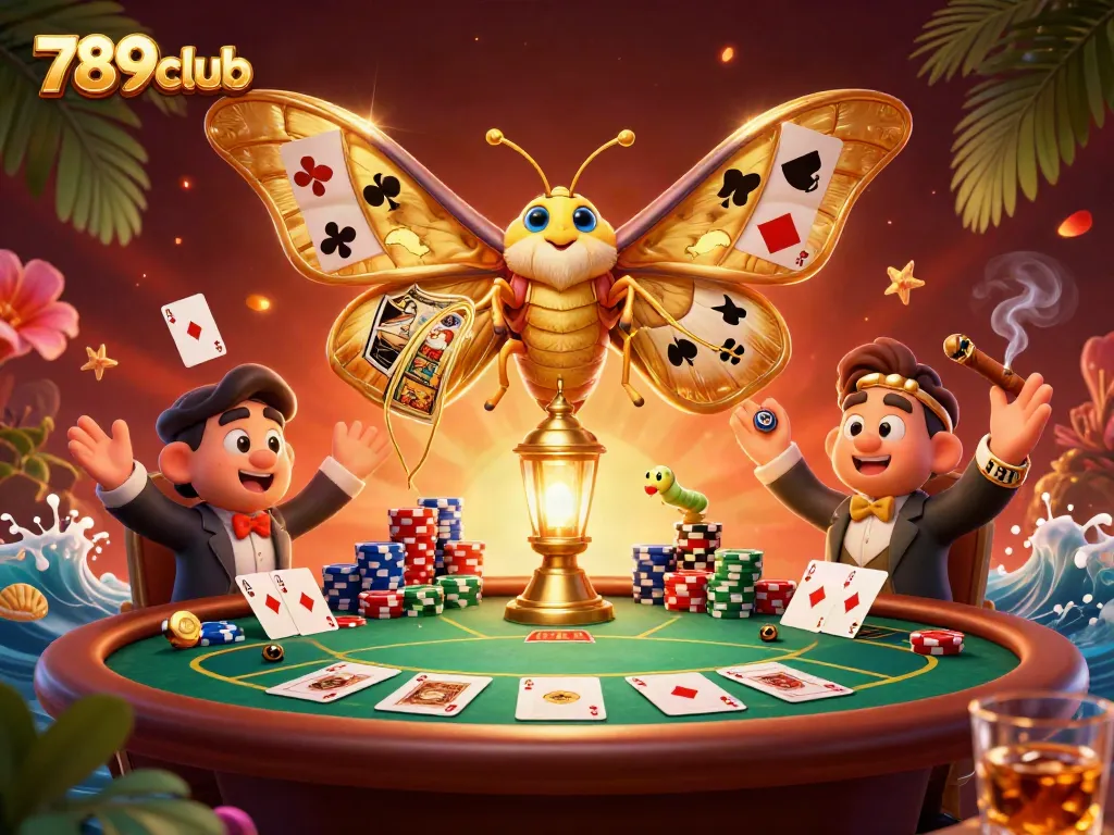 Join the excitement at 789club with vibrant poker elements and the enchanting golden atlas moth.